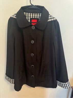 Vintage Y2K Esprit Black Hooded Trench Jacket Gingham Cuffs Lining Size XL